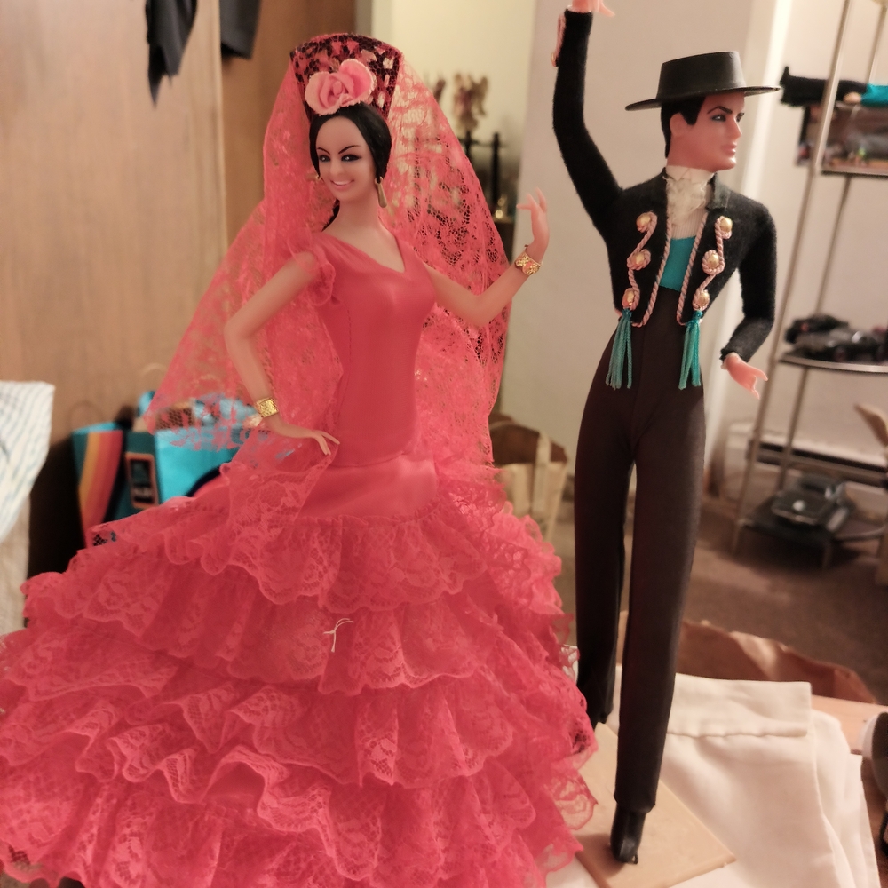 Spanish Flamenco Dancer Dolls in Lace Dress Black Suit Hat 13 1/2 Tall Plastic